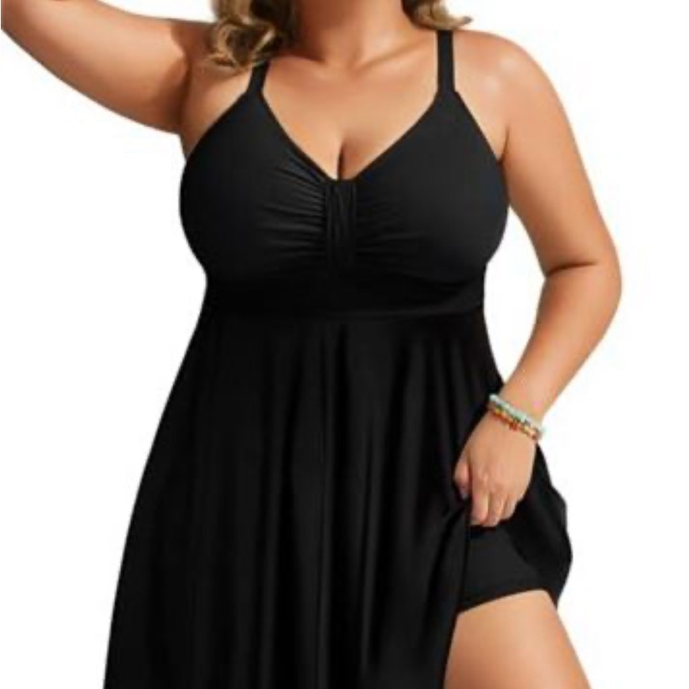 Plus-Size Black V-Neck One-Piece Swimdress - Picture 2 of 11
